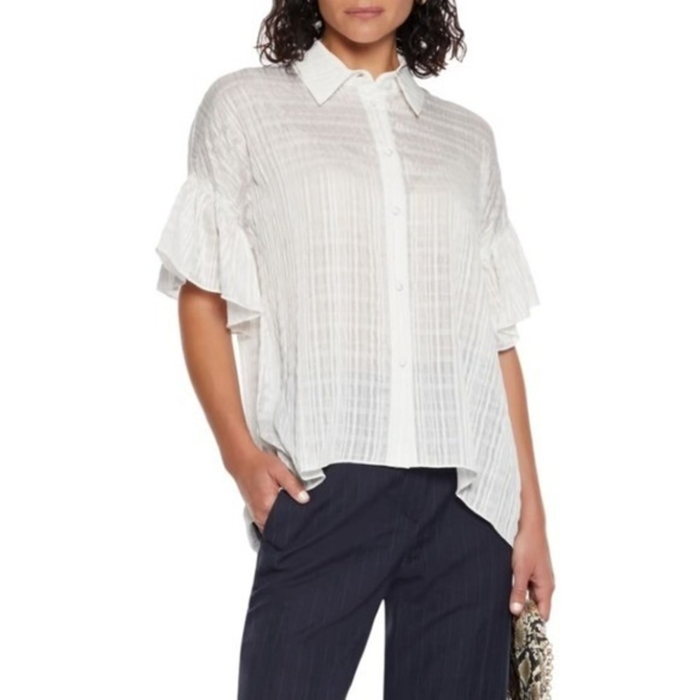 Alice + Olivia Button Down Top Womens Small White Textured Ruffle CC006G03025R